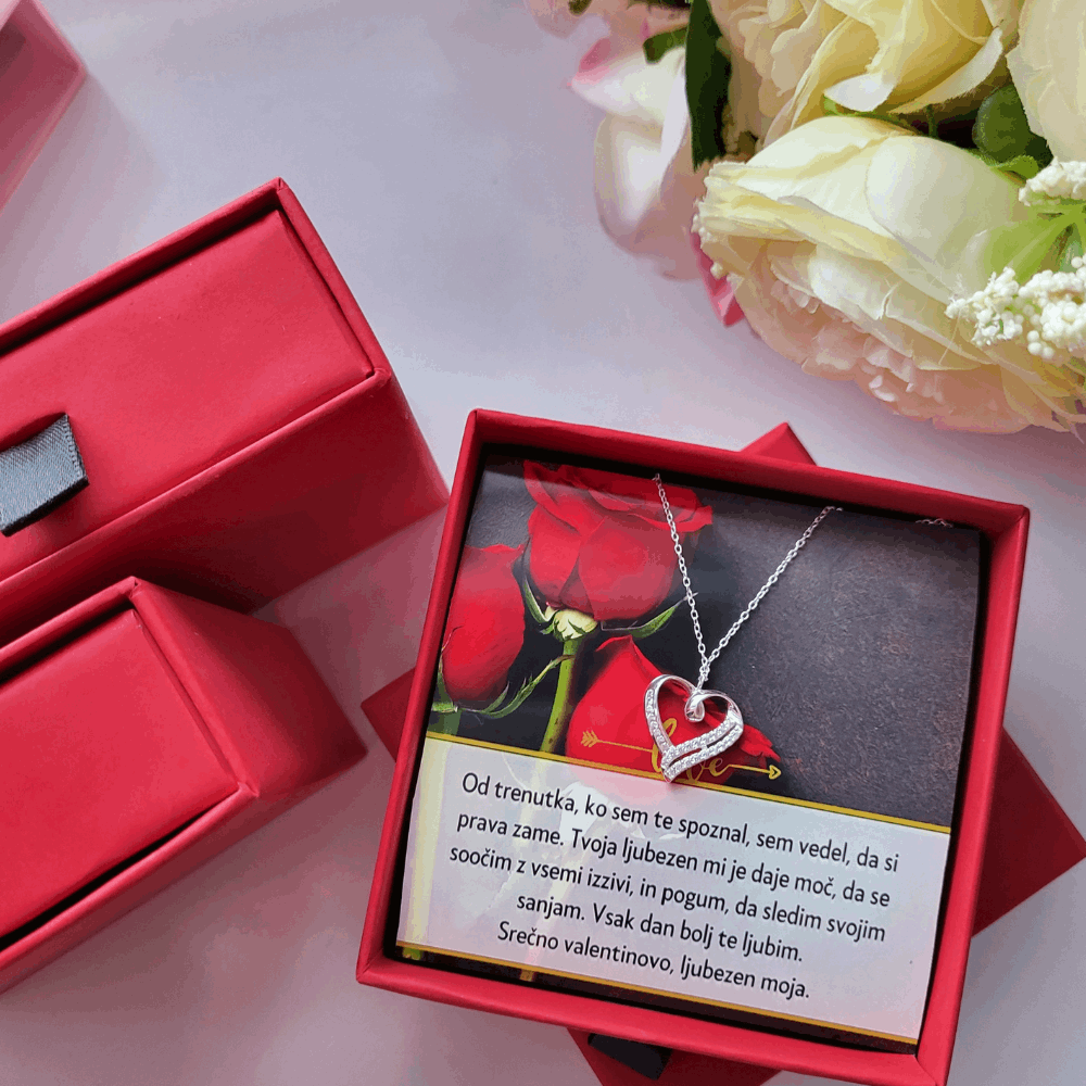 Darilo za valentinovo za mojo ženo, darilo z lepim verzom za valentinovo, darilna štkatla za valentinovo in rože za valentinovo s posvetilom