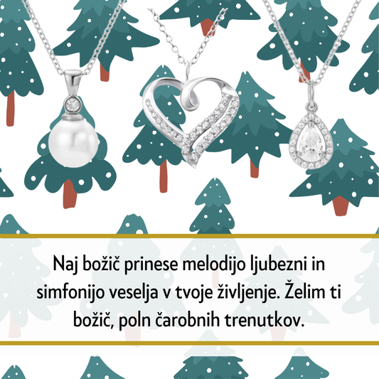 Srebrna verižica z obeskom, okrašena z ročno nameščenimi kristali, je brezčasen simbol elegance in osebnega pomena.
